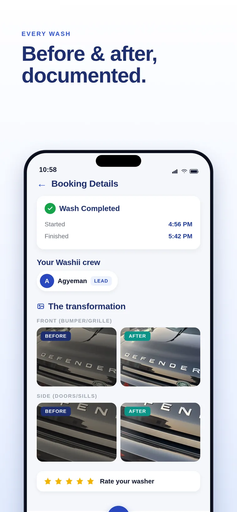Booking details screen showing a completed wash with start and finish times, the assigned crew lead, and before and after photos of a Land Rover Defender.