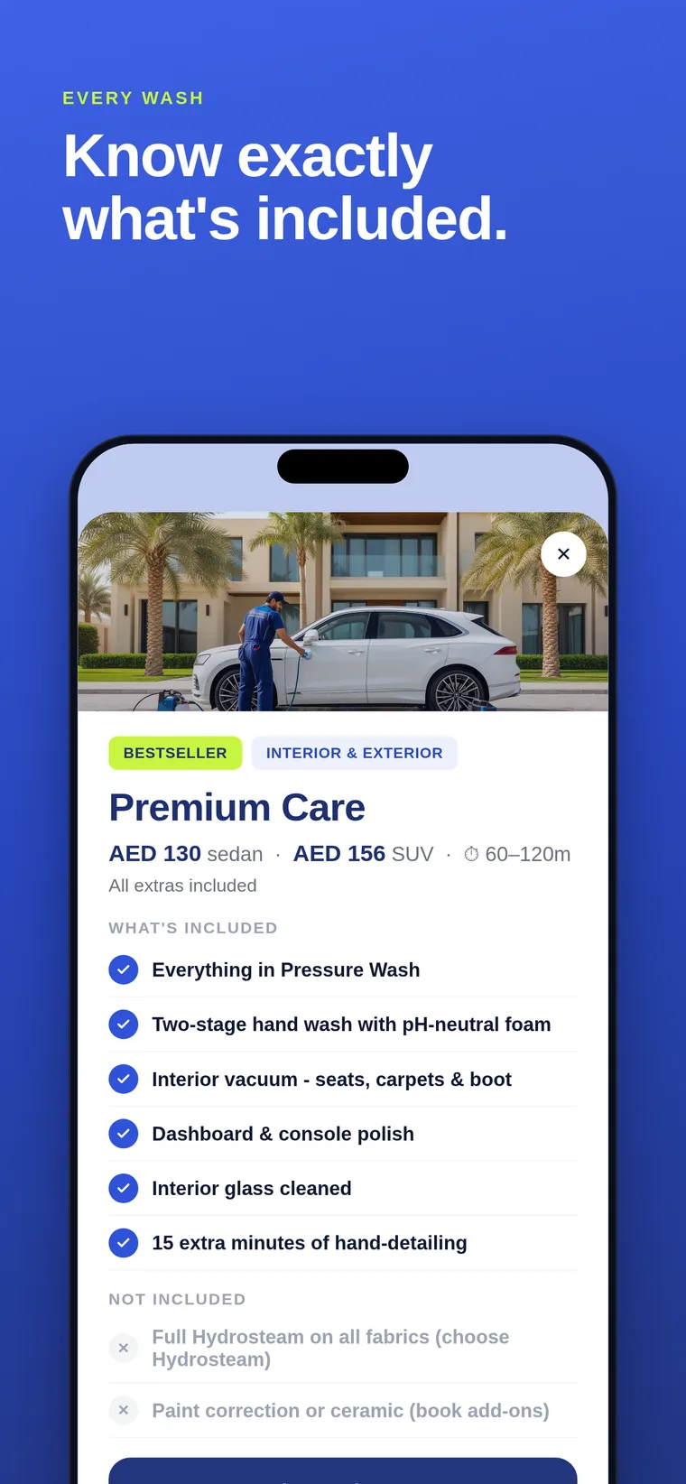 Premium Care service screen listing what is included and what is not, priced at AED 130 for a sedan and AED 156 for an SUV.