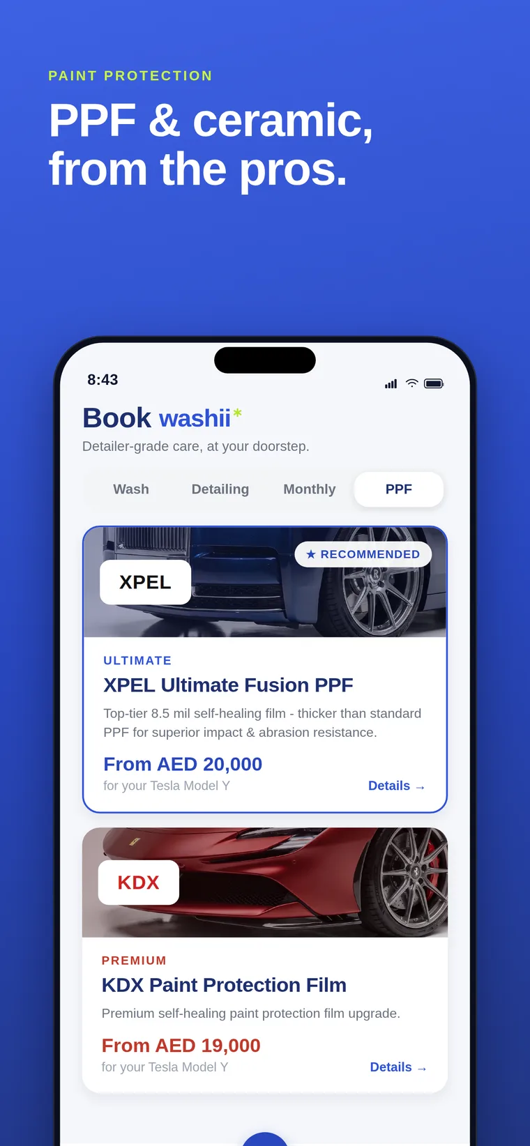 Paint protection film booking tab showing XPEL Ultimate Fusion and KDX film options priced for a Tesla Model Y.